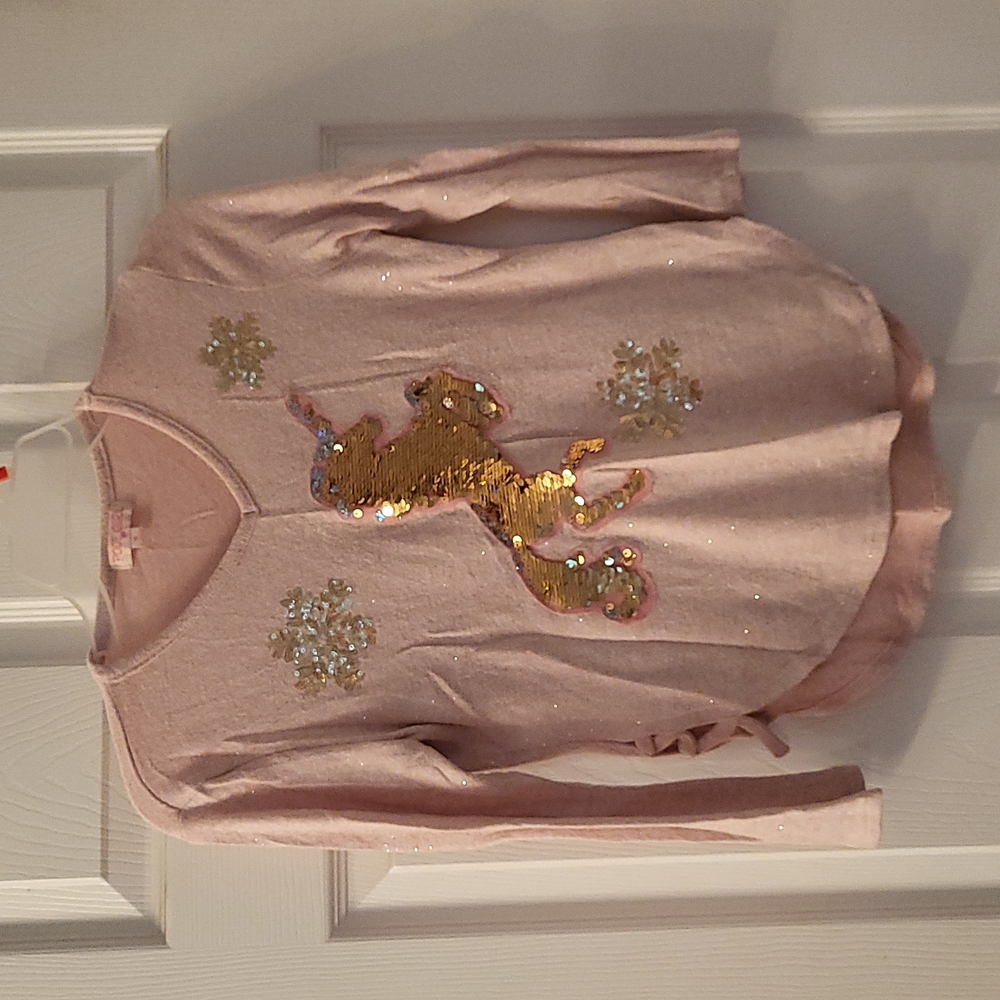 Girls POOF Girl 3/4 sleeve.  Pink with sparkle and sequin unicorn and snowflakes